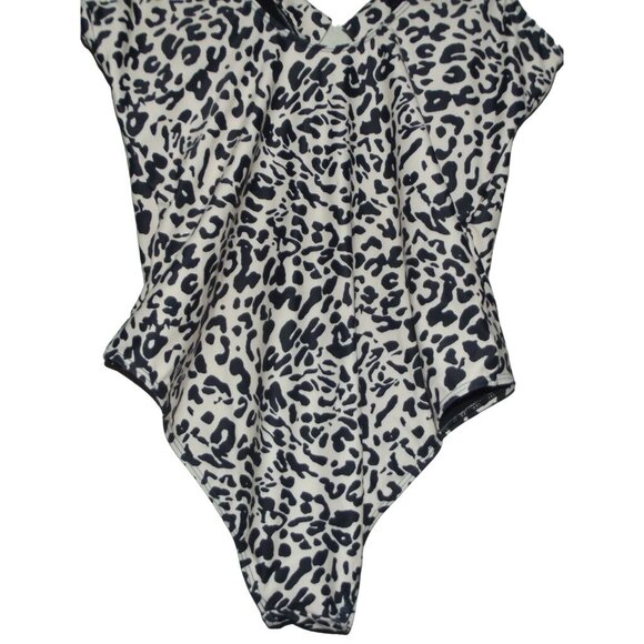 Swimsuit Size Large animal print  Black Beige One piece Swim Suit v-neck ruffle - Picture 9 of 14